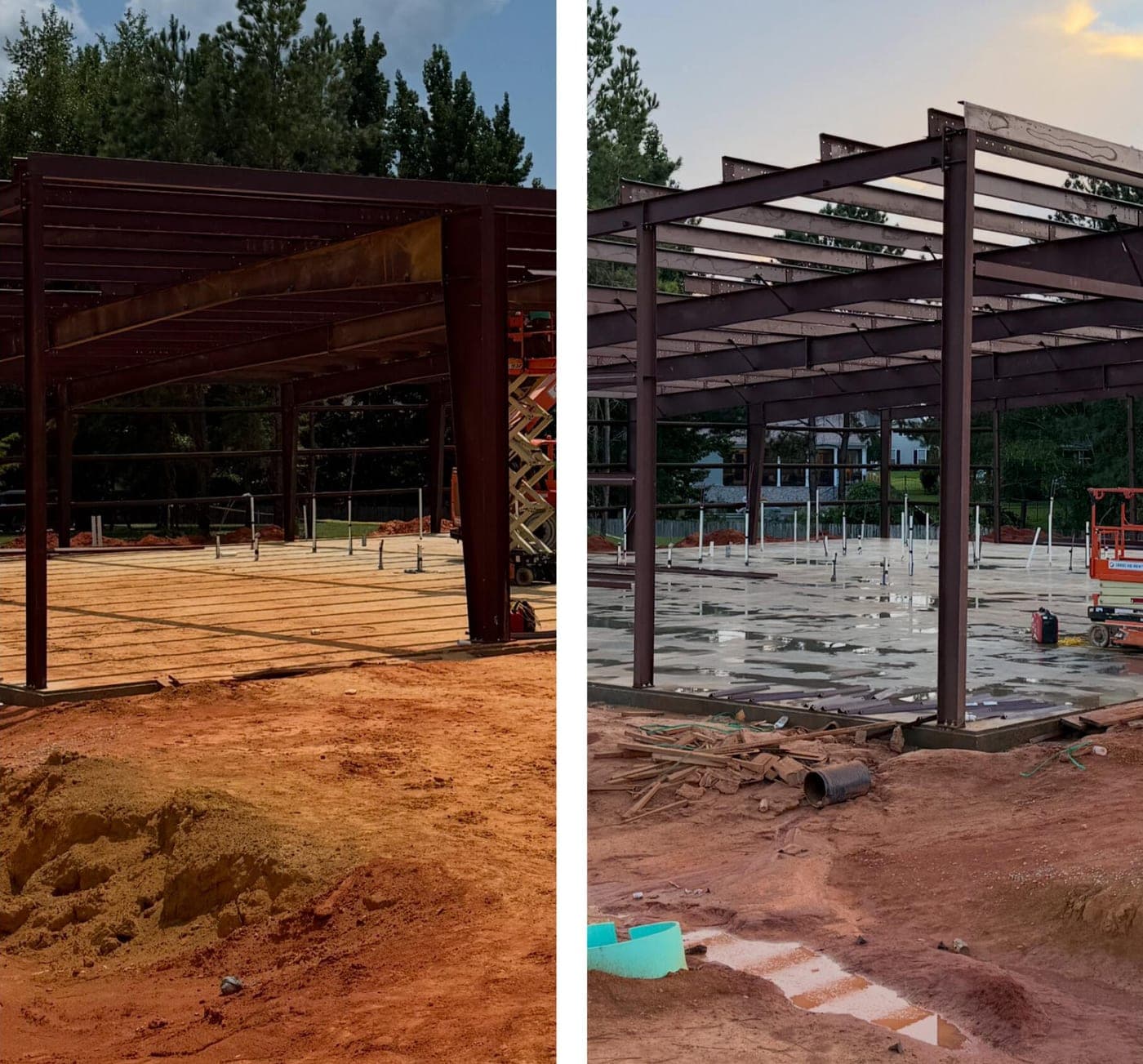 Steel-frame commercial building under construction before and after a post-construction washdown — red clay dust on the slab, then clean concrete