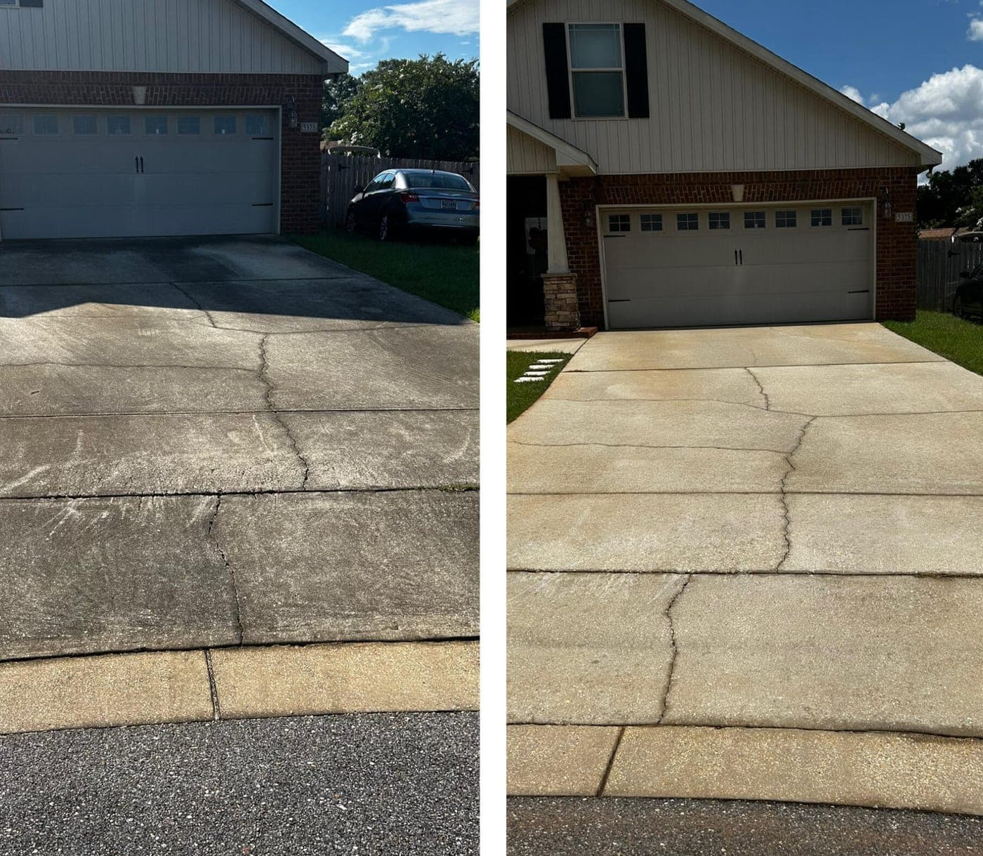 Concrete driveway before and after pressure washing — gray, stained concrete on the left, bright clean concrete on the right