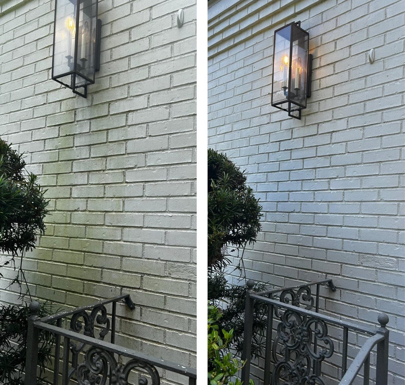 Painted brick wall of a Mobile home before and after soft washing — green algae growth on the left, clean white brick on the right