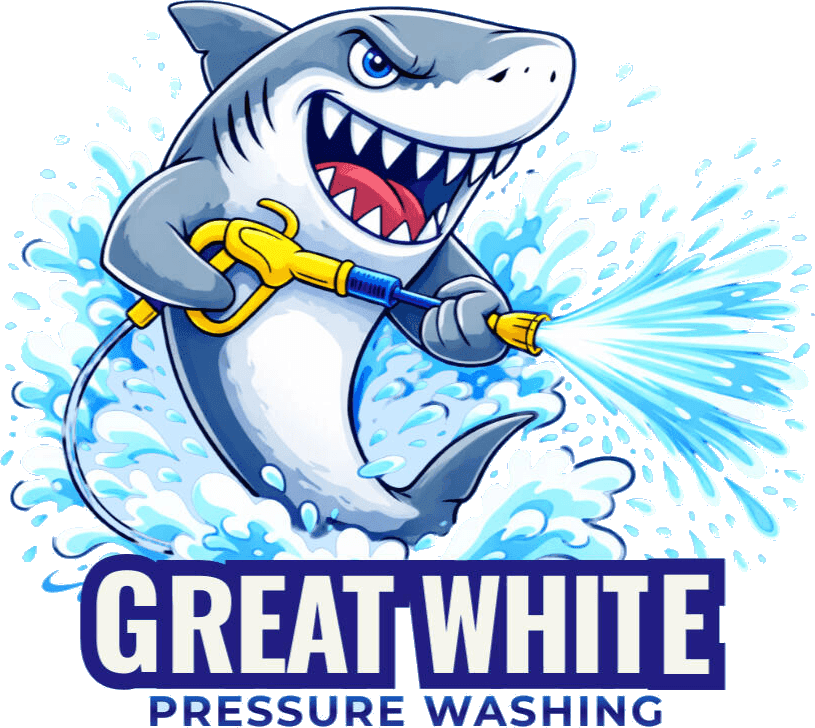 Great White Pressure Washing logo — a cartoon great white shark holding a pressure washer wand